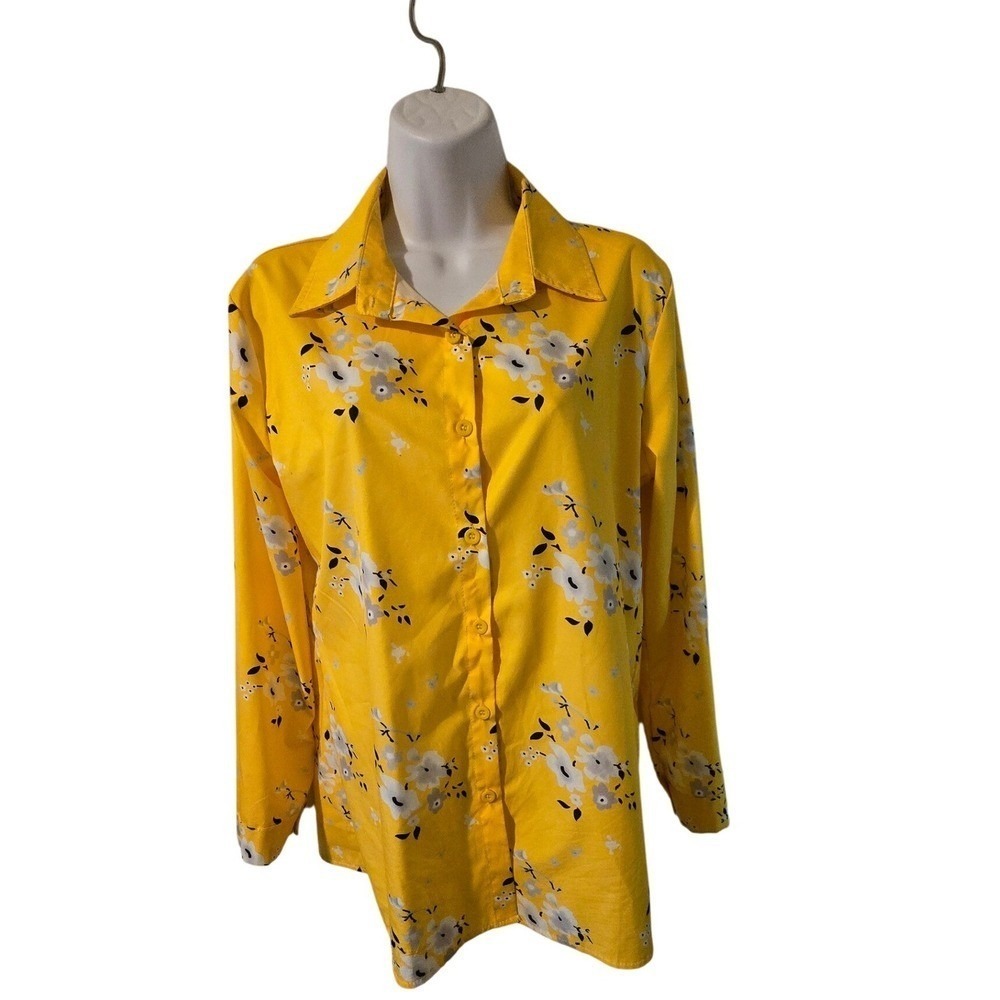 Womens Yellow Floral Long Sleeve Button Up Shirt Bazaar Size M /0138‎